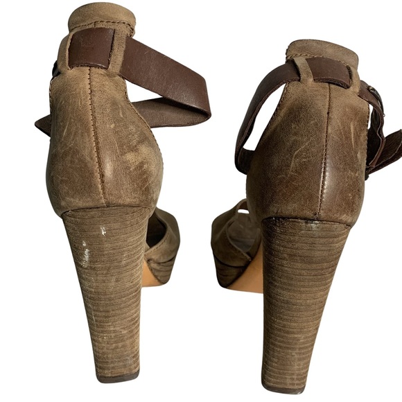 Diesel Brown Leather Distressed Stacked Heel Ankle Strap Open Toe Heeled Sandals - Picture 7 of 11